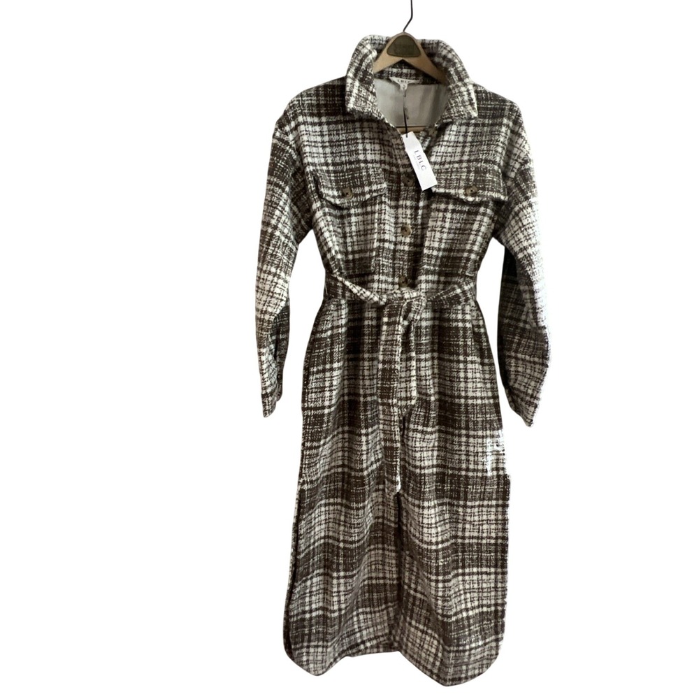 REVOLVE* THE LABEL Hayley Long Tweed Beige Plaid Jacket Women's Medium NWT $150